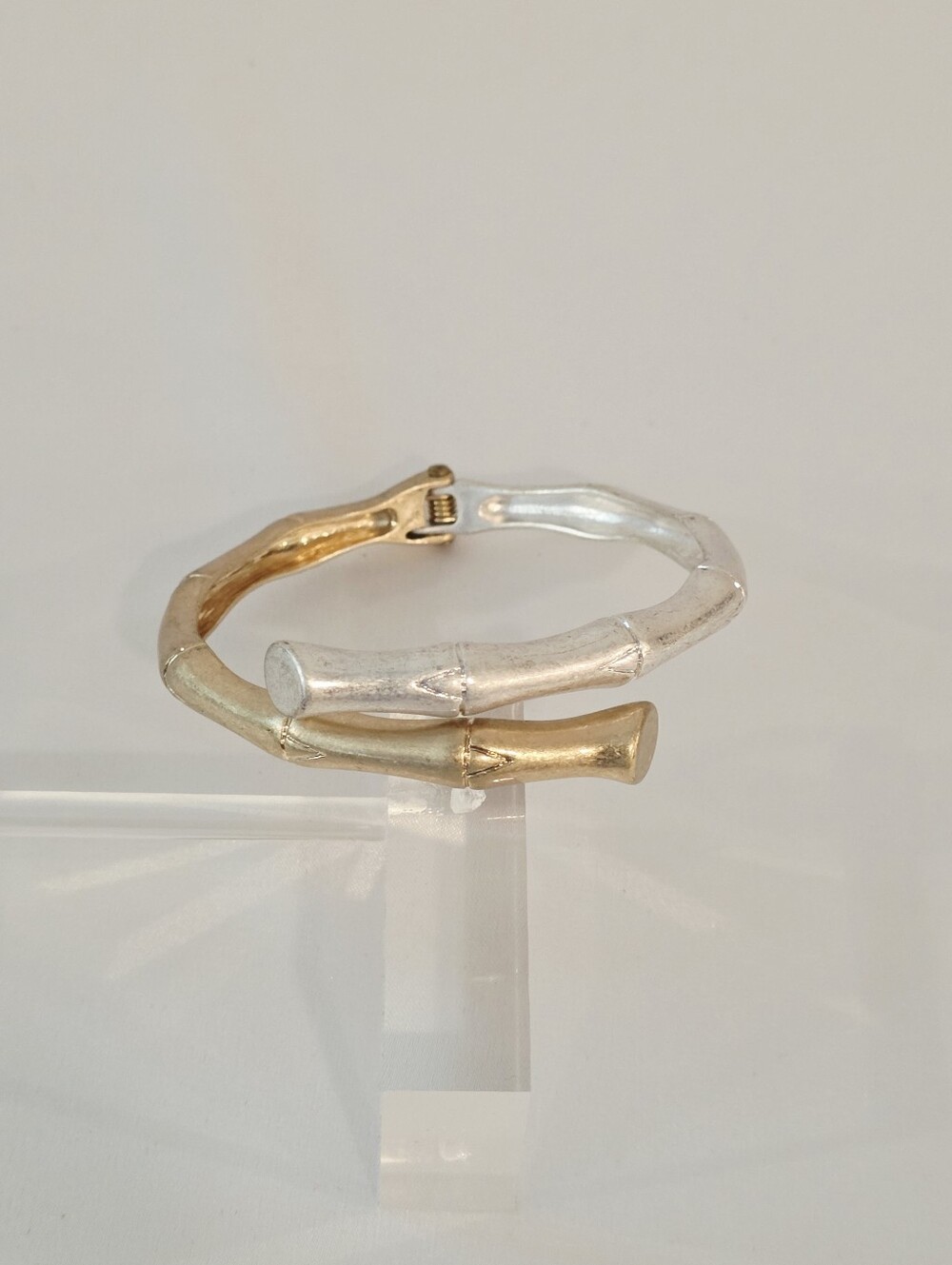 Bamboo Design Hinged Bangle Bracelet Two Tones Of Gold & Silver New